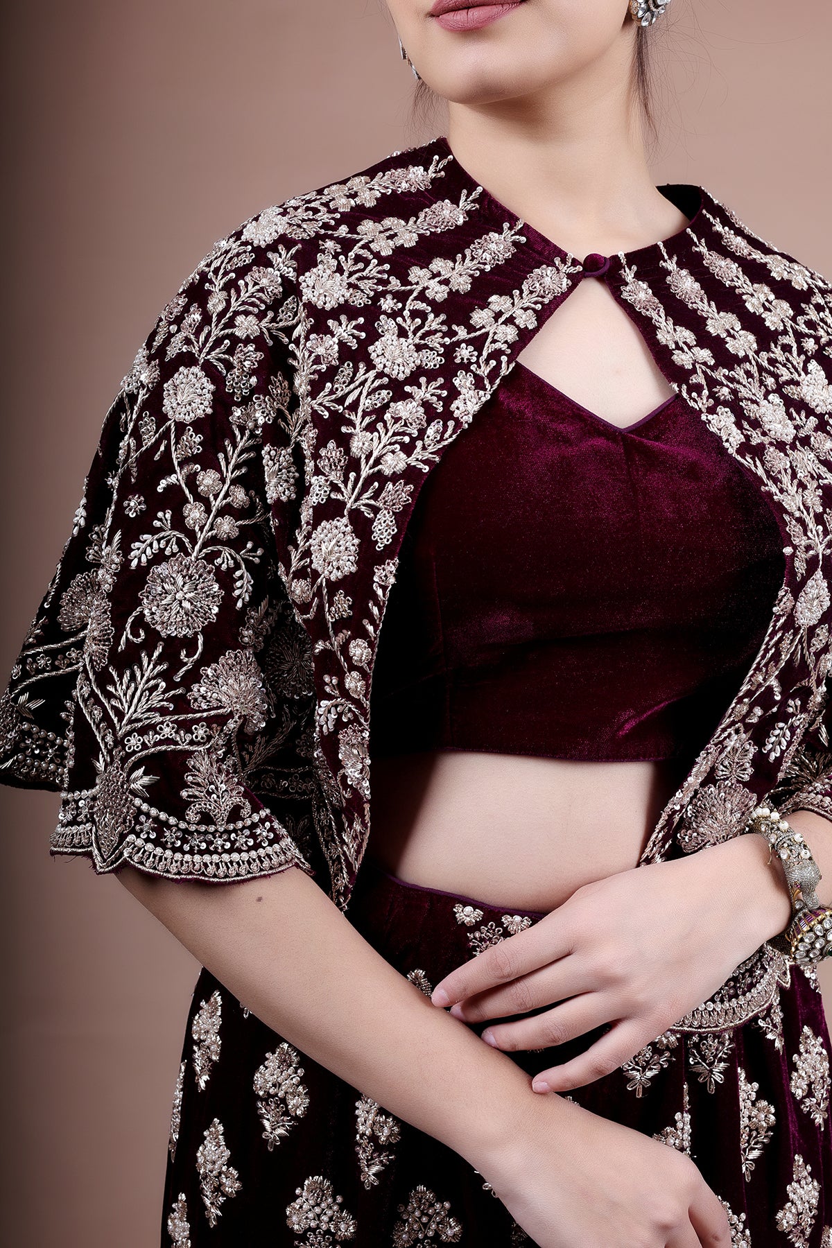 Wine Poncho and Top With Trouser Pants In Velvet With Embroidery