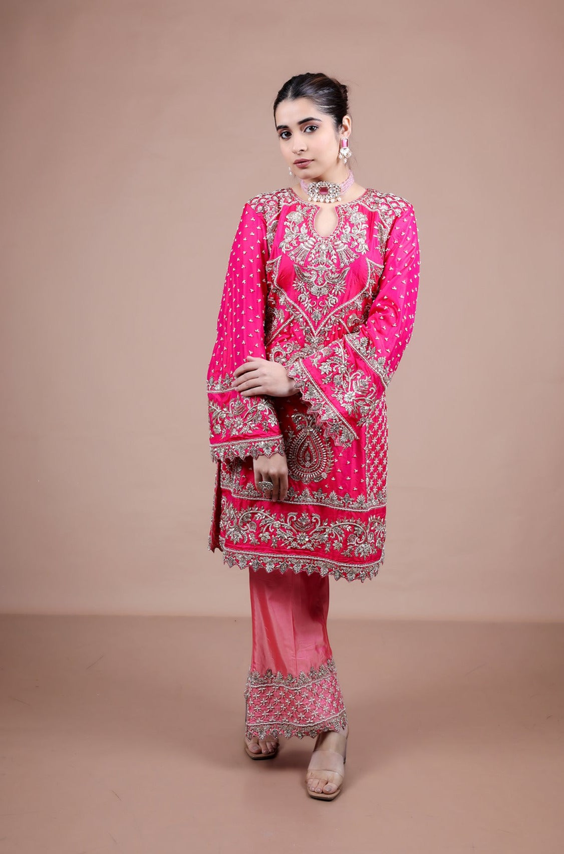 Magenta Pent suit in Silk adorned with hand embroidery