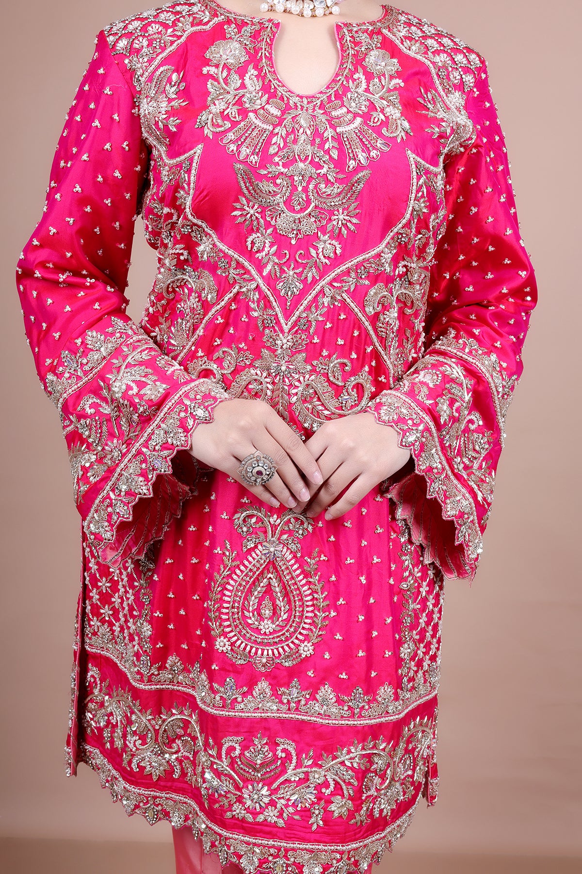 Magenta Pent suit in Silk adorned with hand embroidery