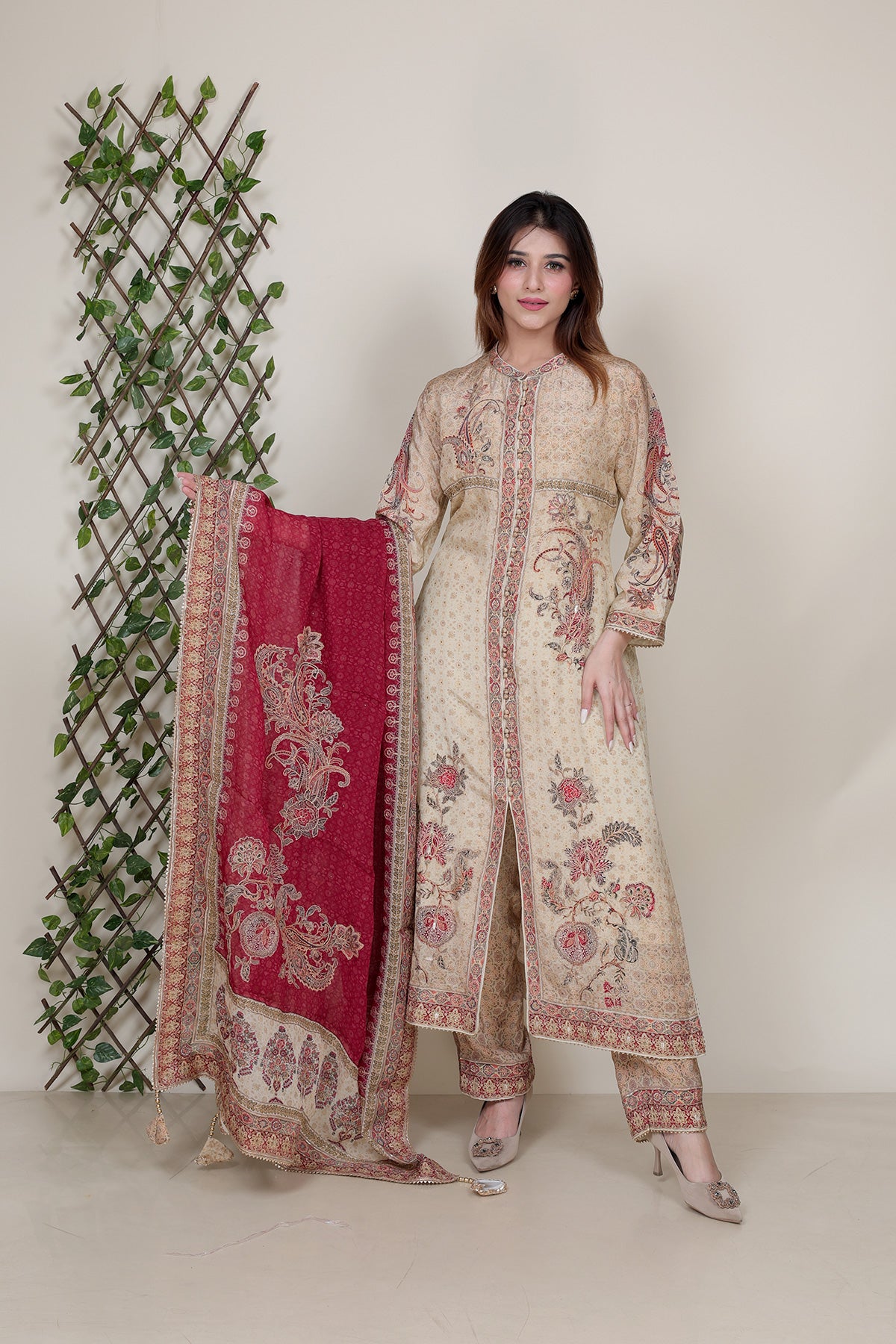 Beige Readymade Suit in Crepe