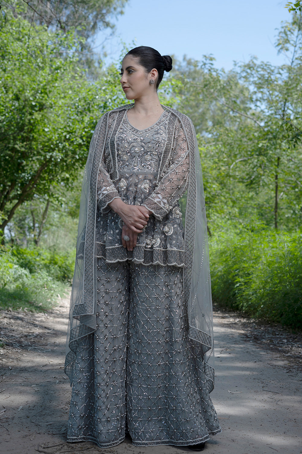 Teal Blue Sharara Suit embellished with hand embroidery
