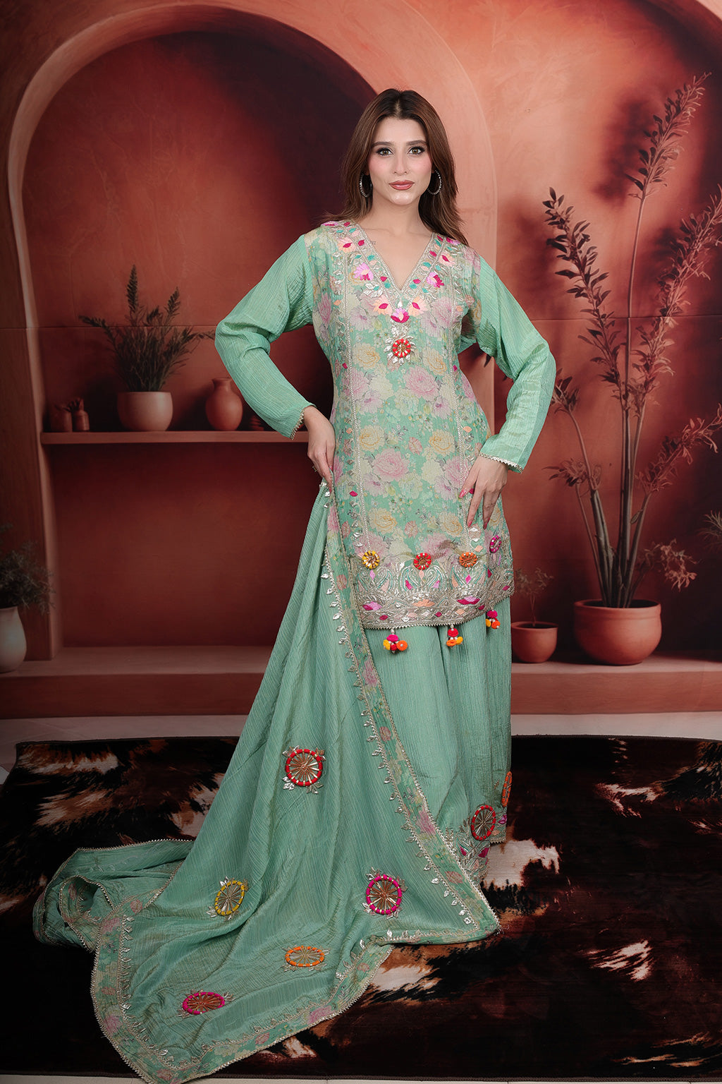 Sea Green Sharara Set With Gotta Patti Embroidered Detail