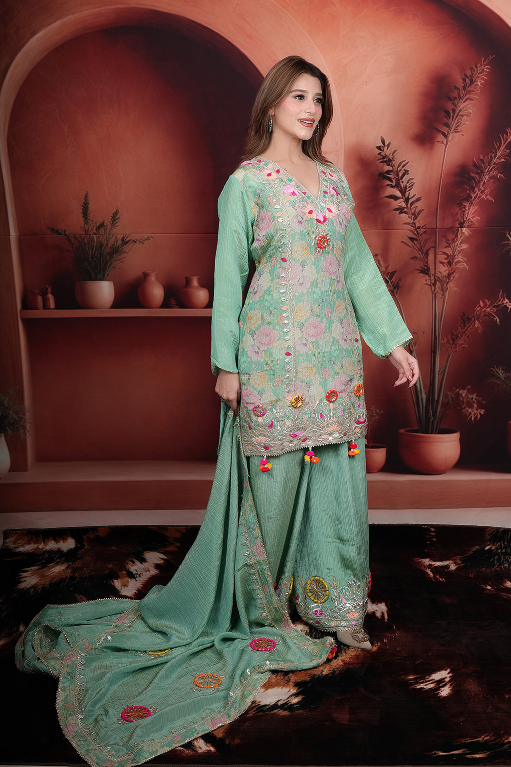 Sea Green Sharara Set With Gotta Patti Embroidered Detail