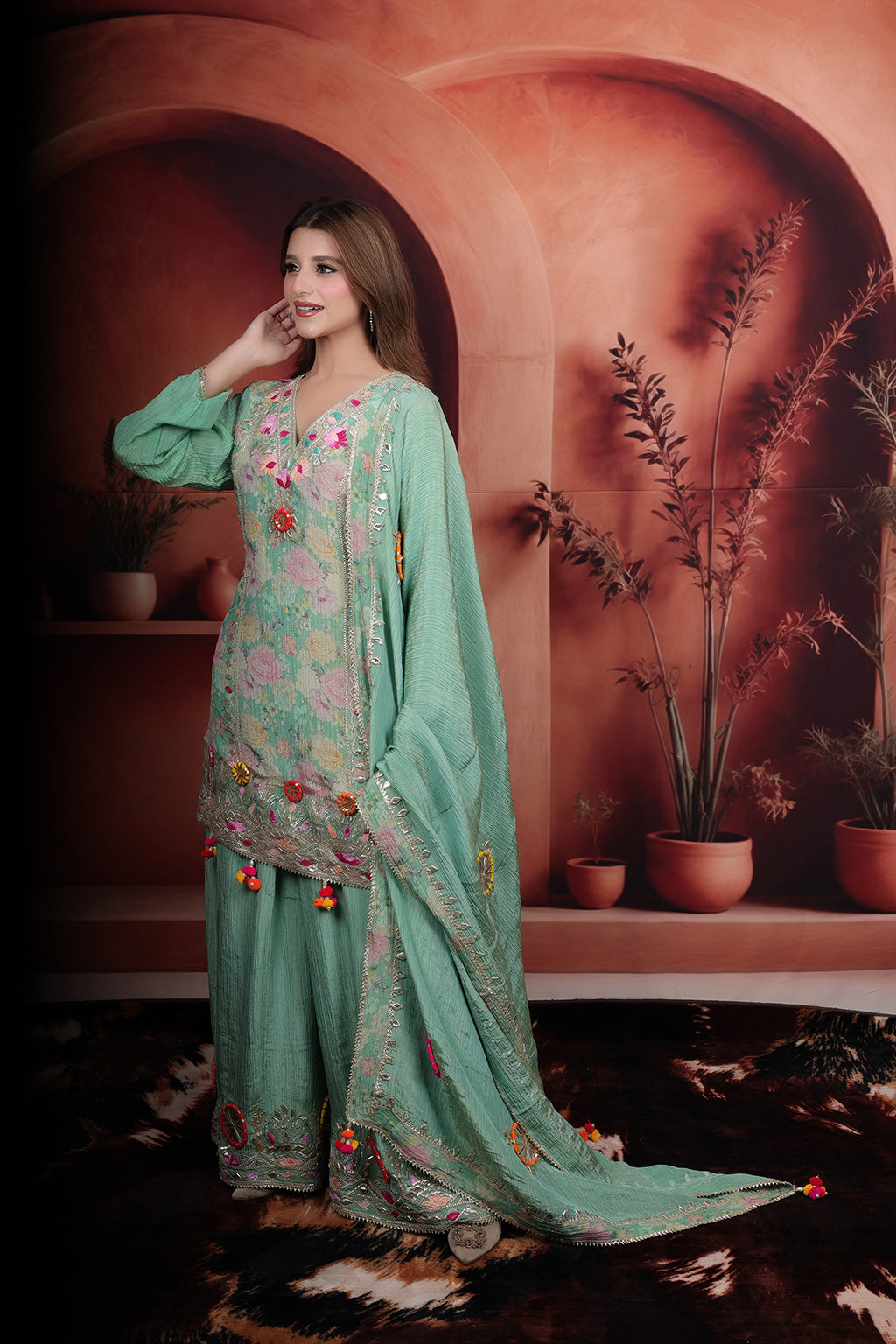 Sea Green Sharara Set With Gotta Patti Embroidered Detail