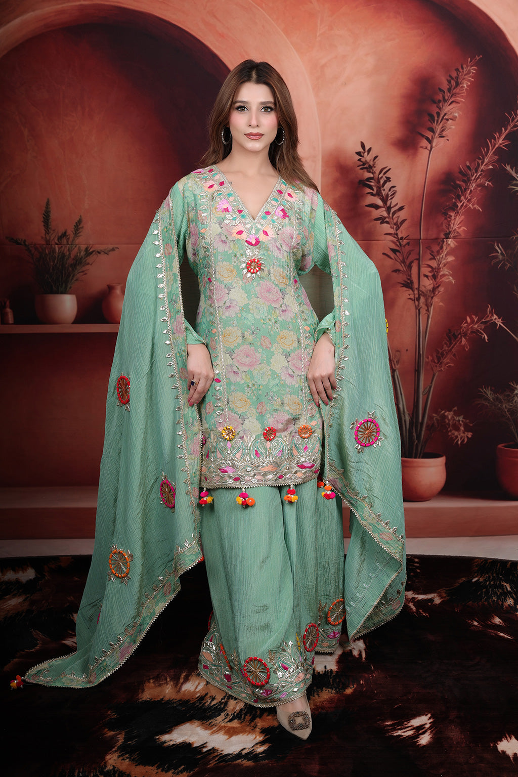 Sea Green Sharara Set With Gotta Patti Embroidered Detail