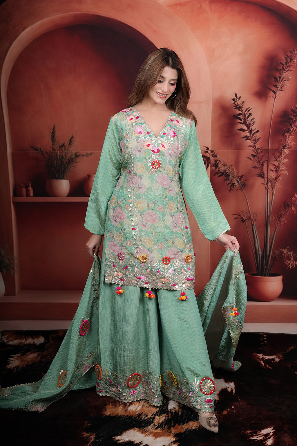 Sea Green Sharara Set With Gotta Patti Embroidered Detail