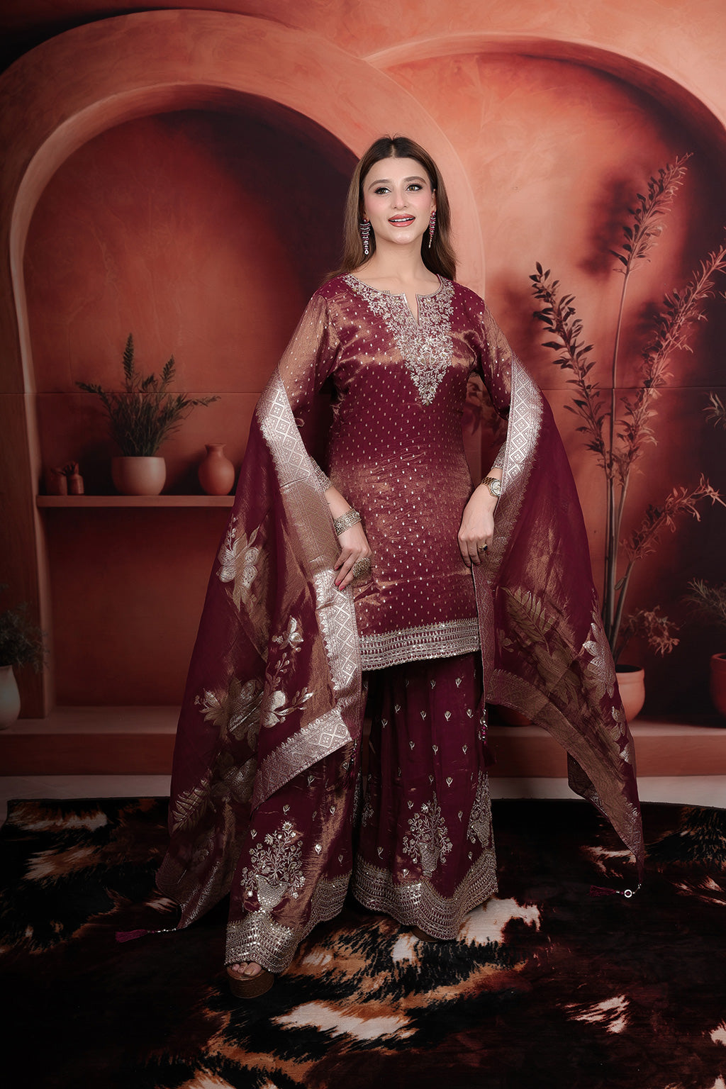 Maroon Sharara Suit in shimmer silk