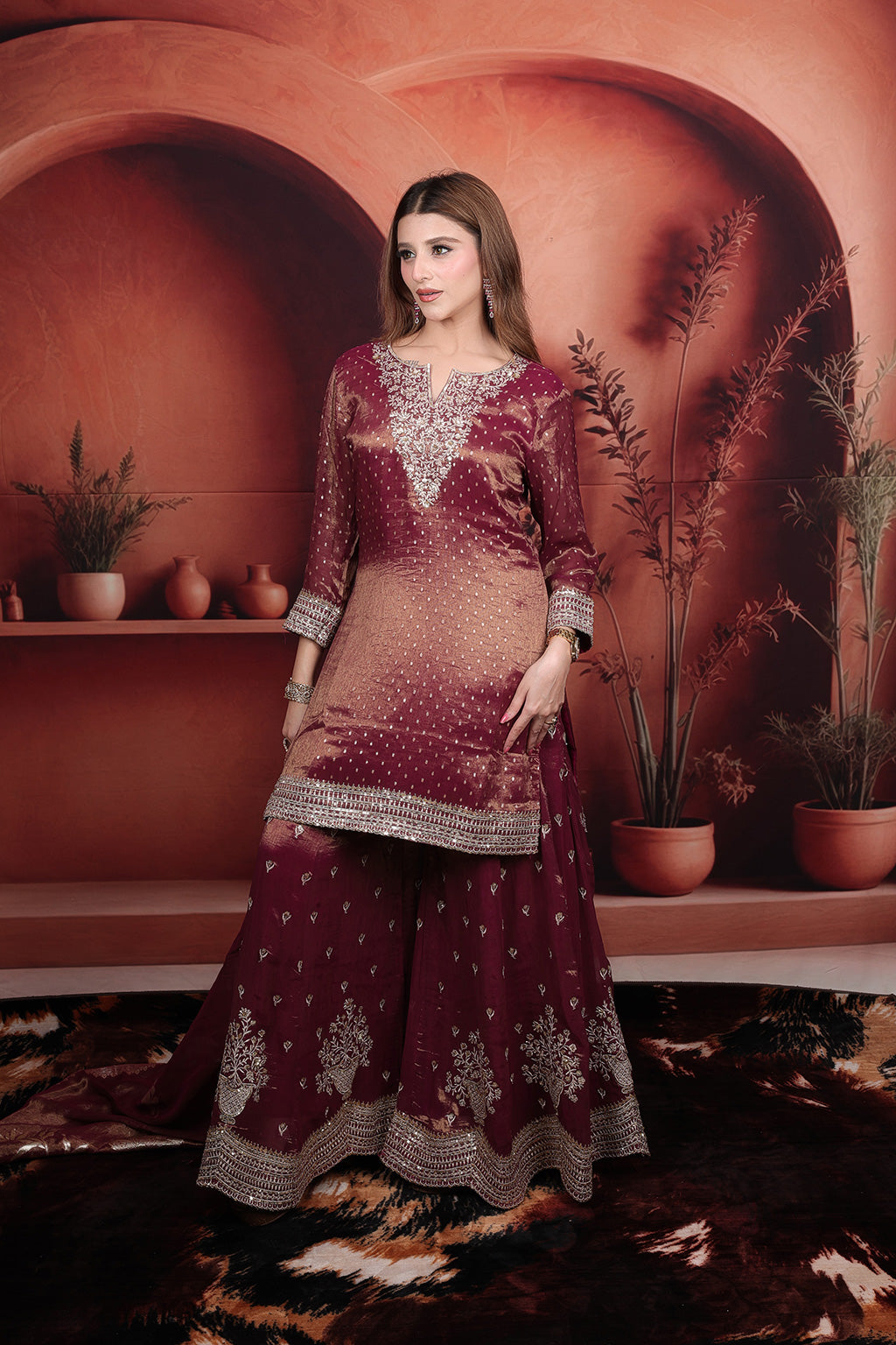 Maroon Sharara Suit in shimmer silk