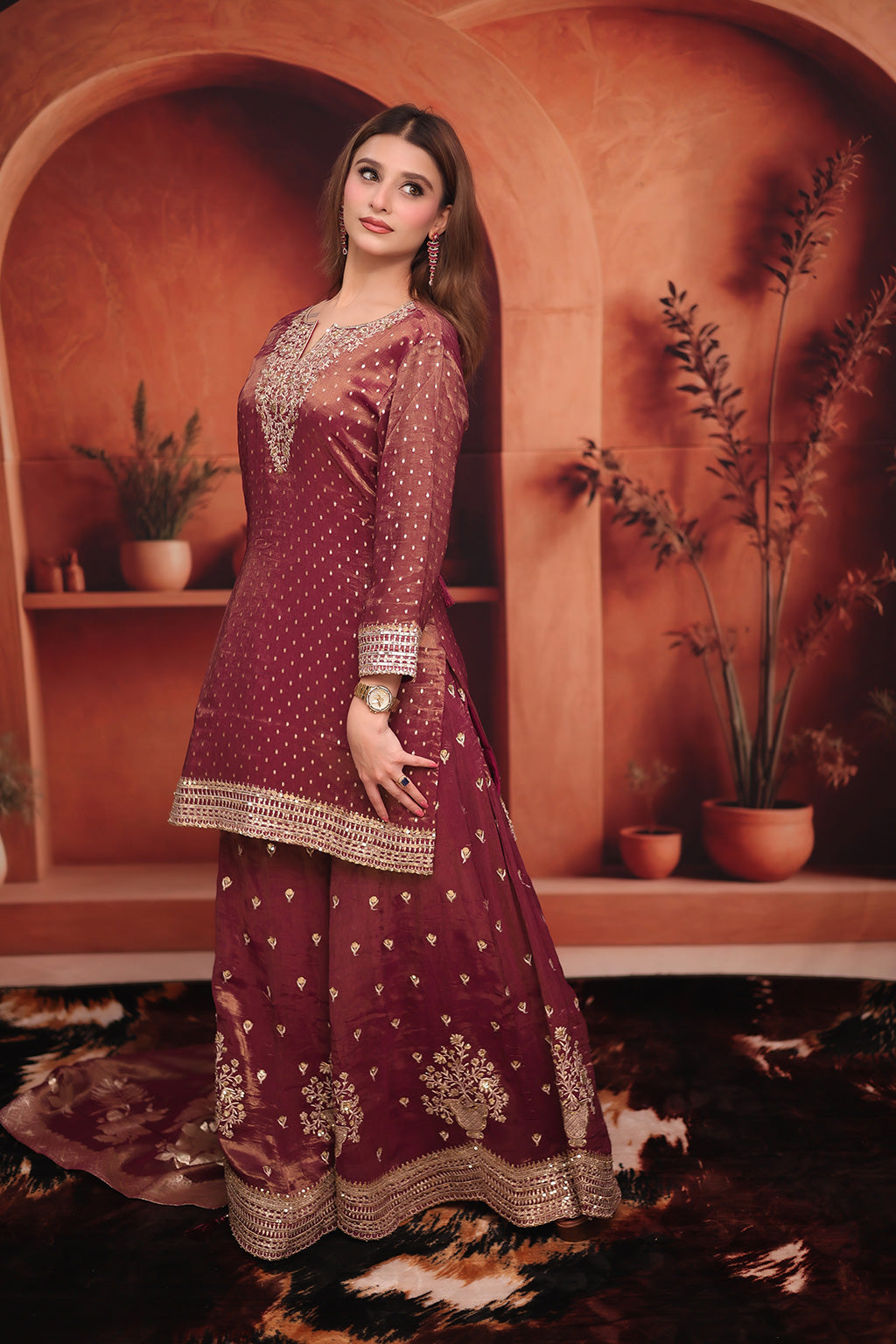 Maroon Sharara Suit in shimmer silk