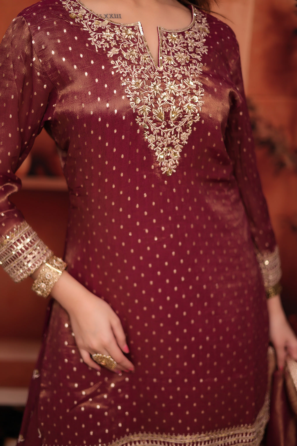 Maroon Sharara Suit in shimmer silk