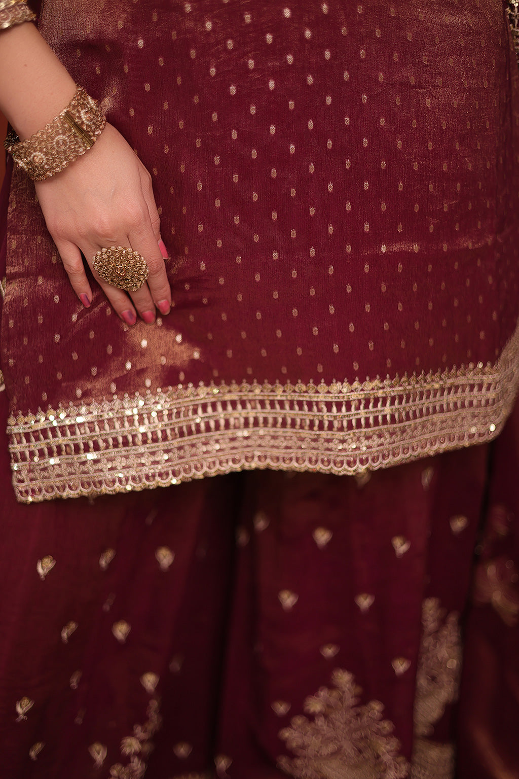 Maroon Sharara Suit in shimmer silk