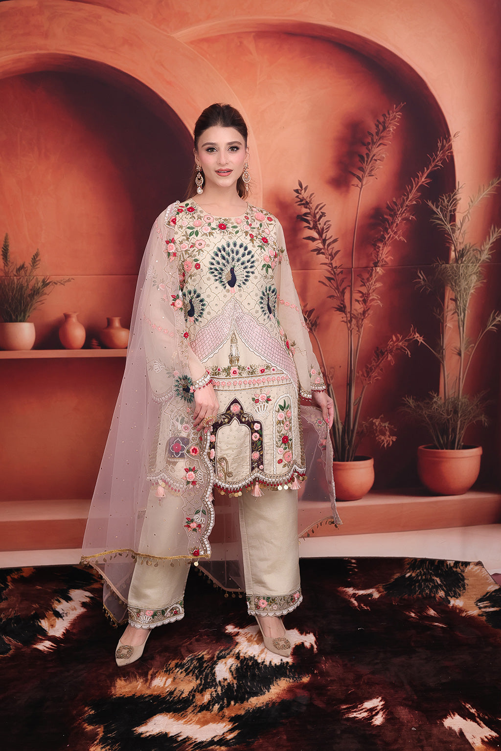 Beige Pent Suit in Silk embellished with hand work