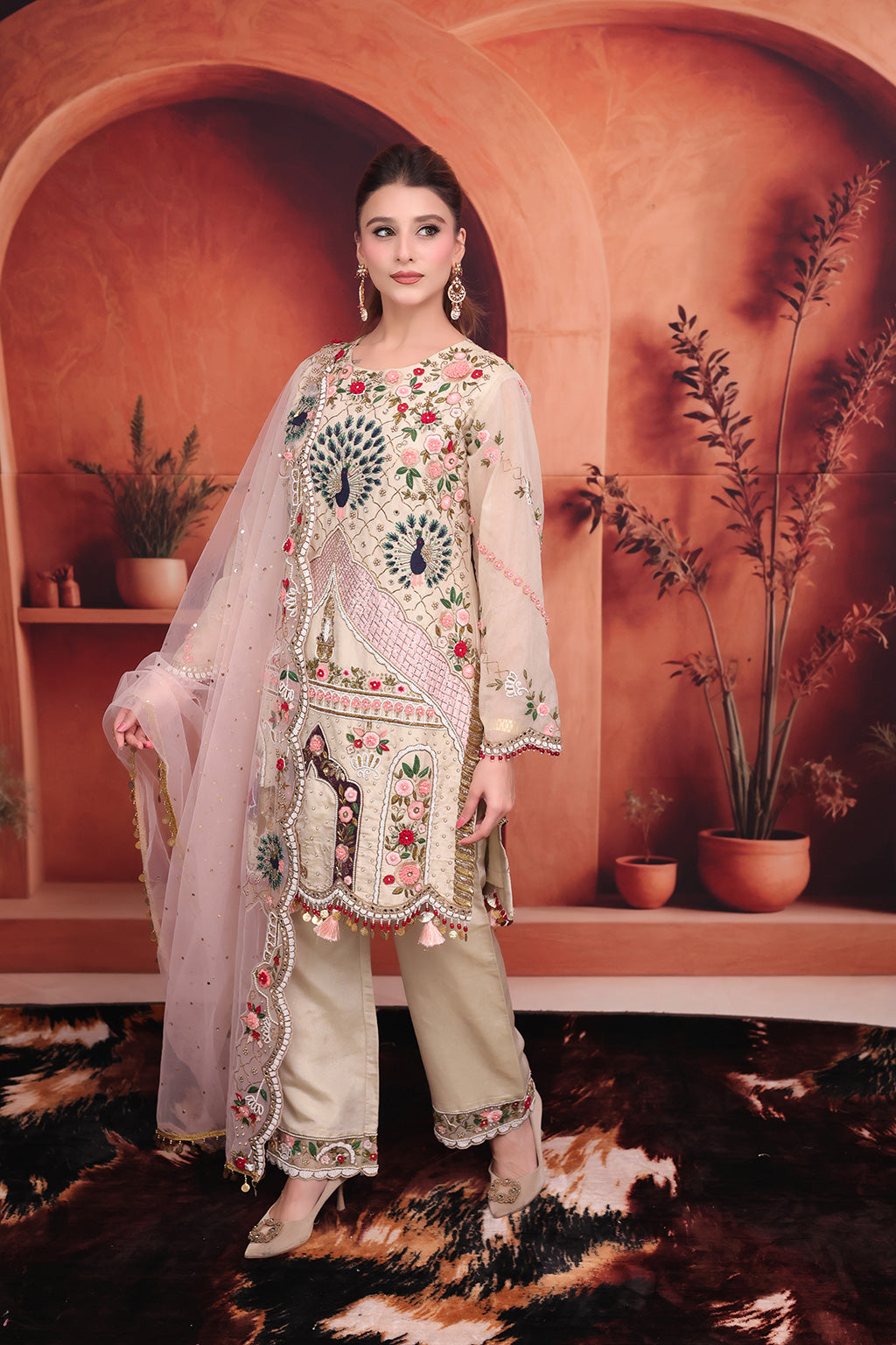 Beige Pent Suit in Silk embellished with hand work