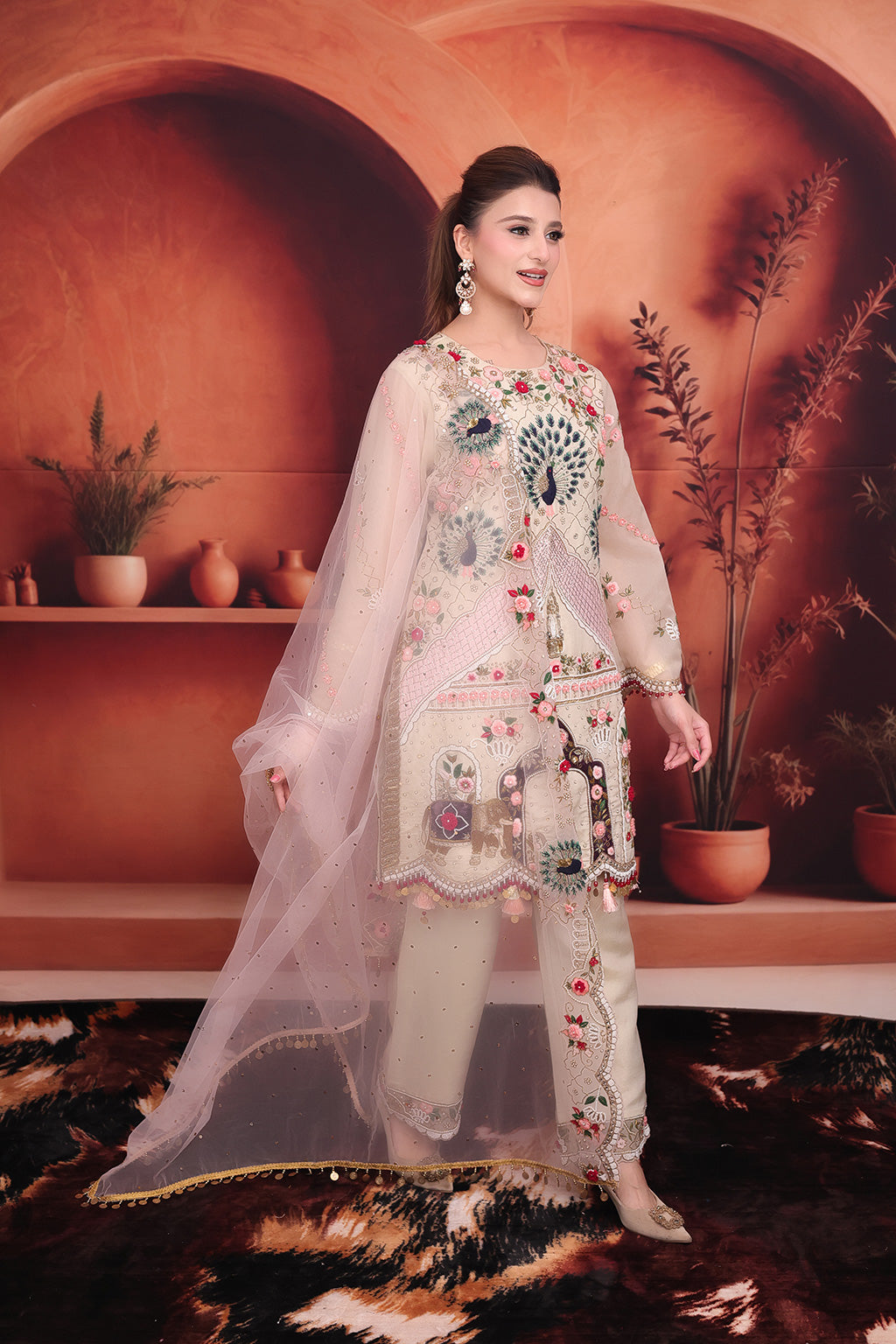 Beige Pent Suit in Silk embellished with hand work