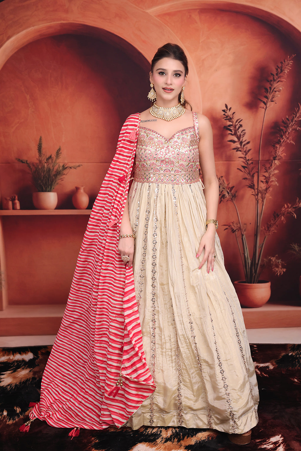 Beige Anarkali Suit with Red Stripes Dupatta