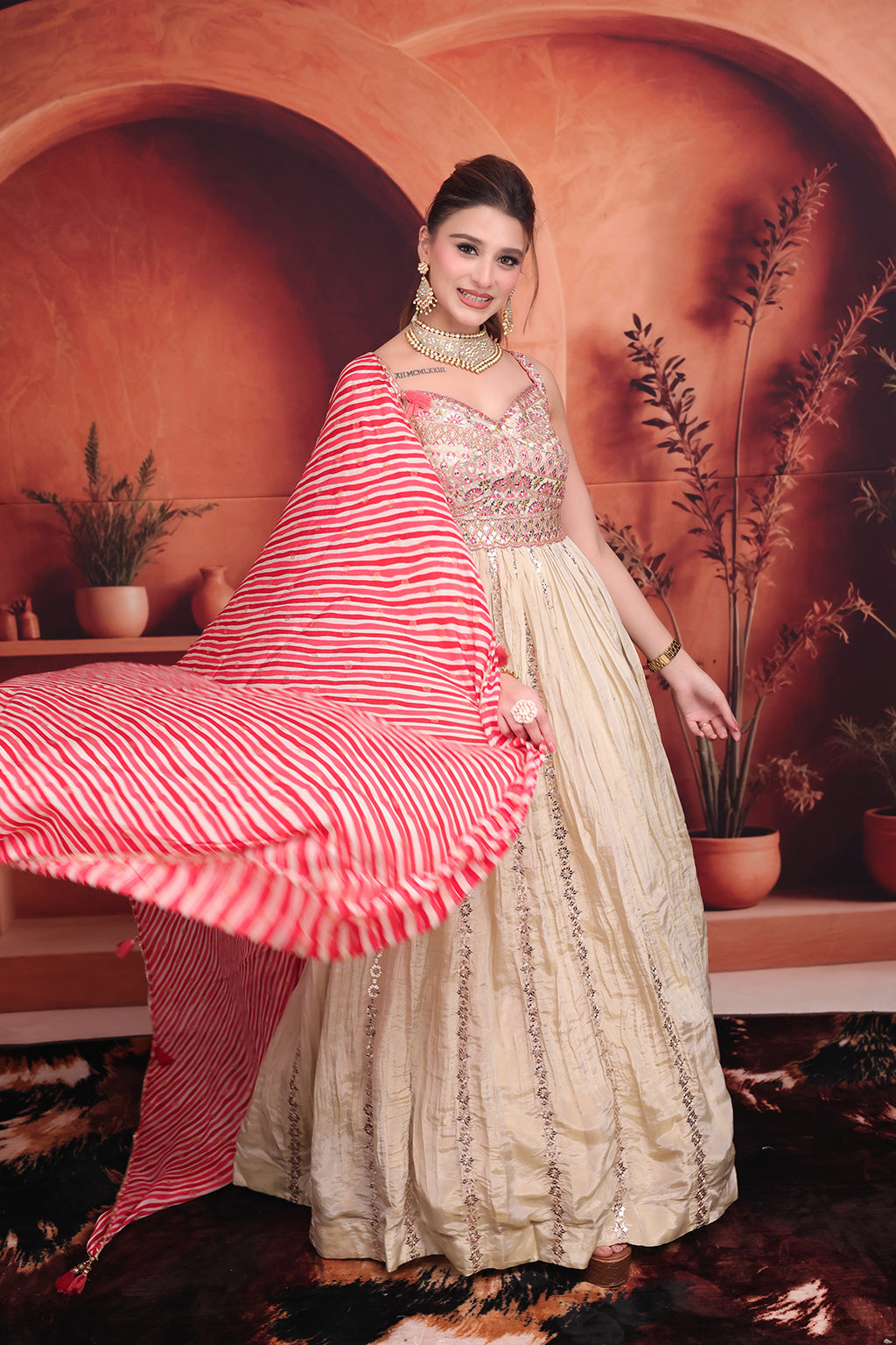 Beige Anarkali Suit with Red Stripes Dupatta