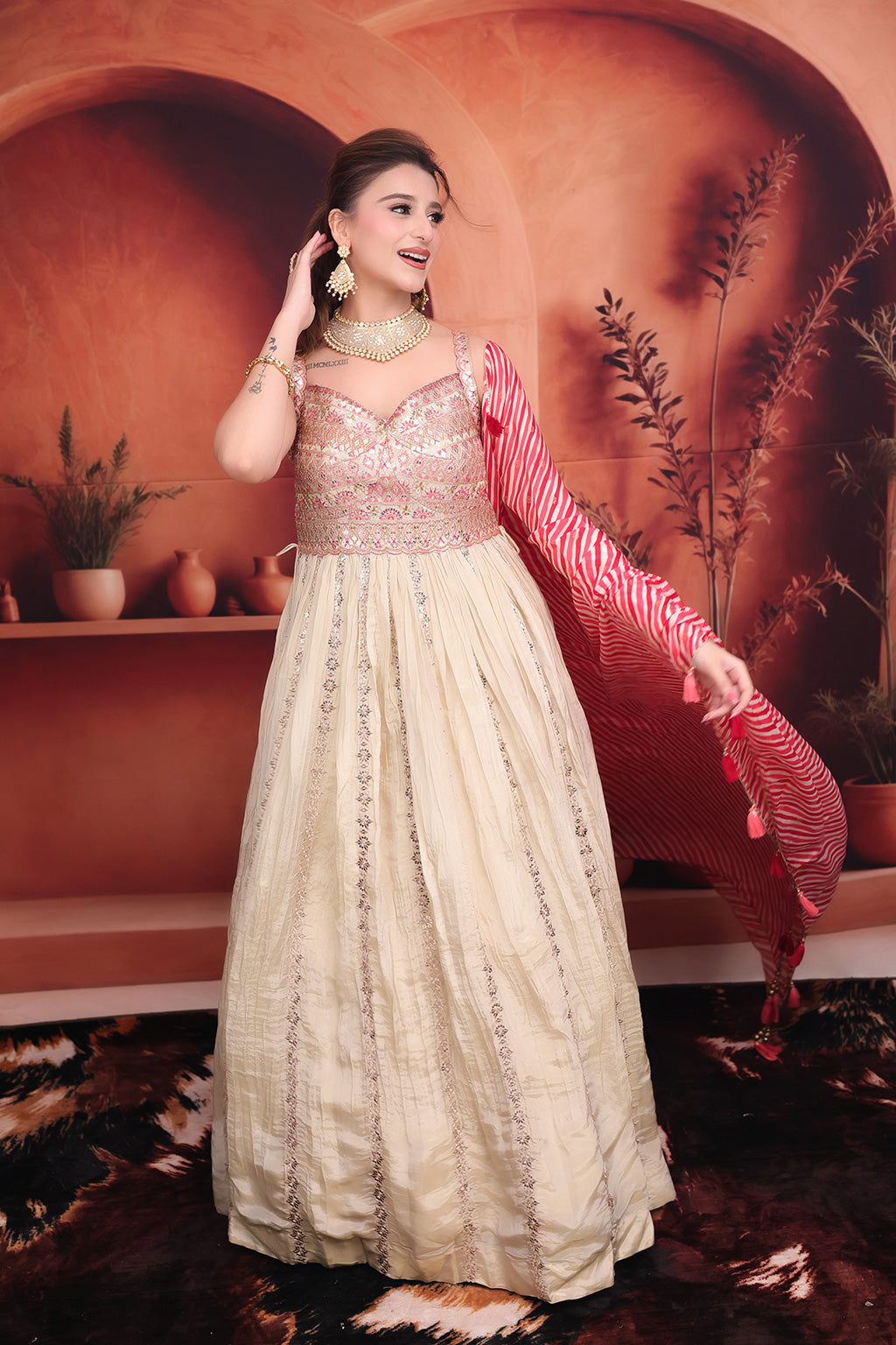 Beige Anarkali Suit with Red Stripes Dupatta