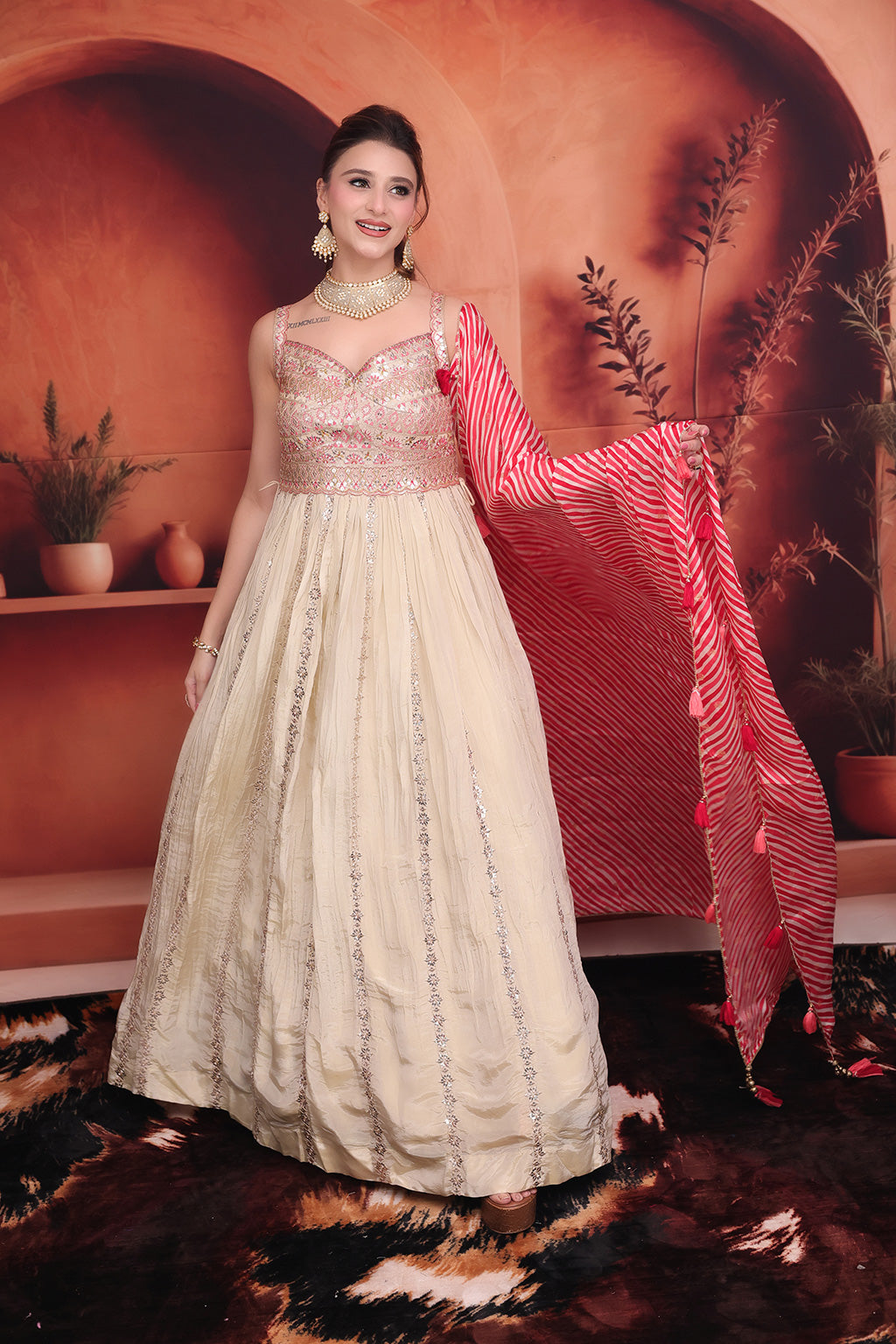 Beige Anarkali Suit with Red Stripes Dupatta