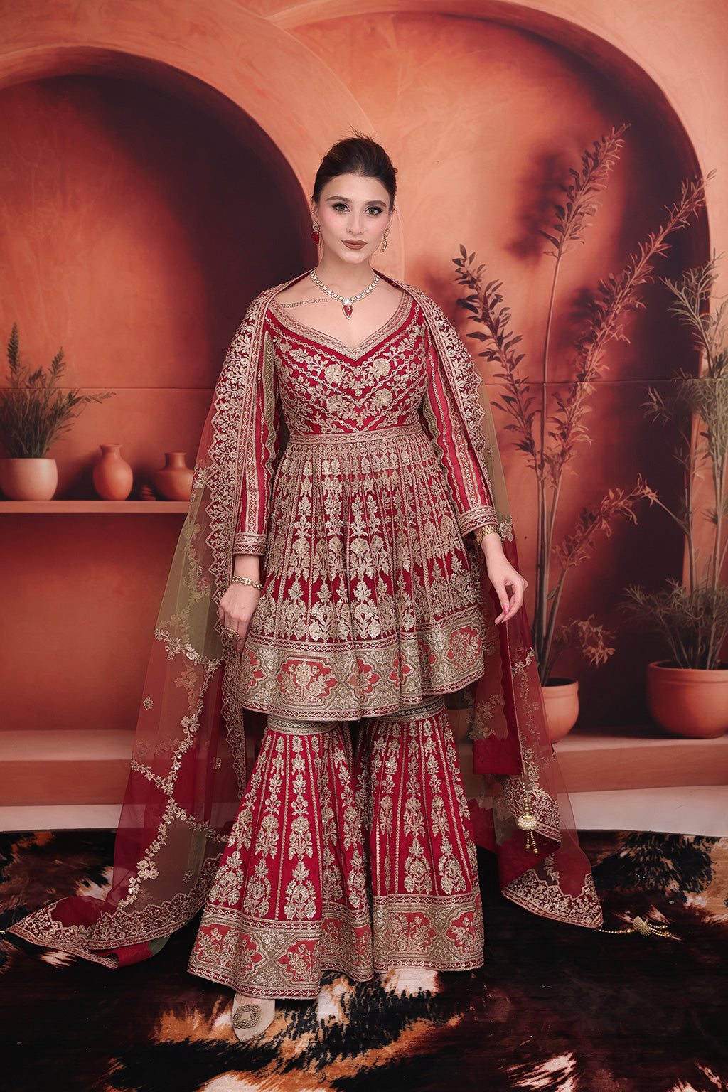 Maroon Bridal Gharara Suit with peplum Top in net