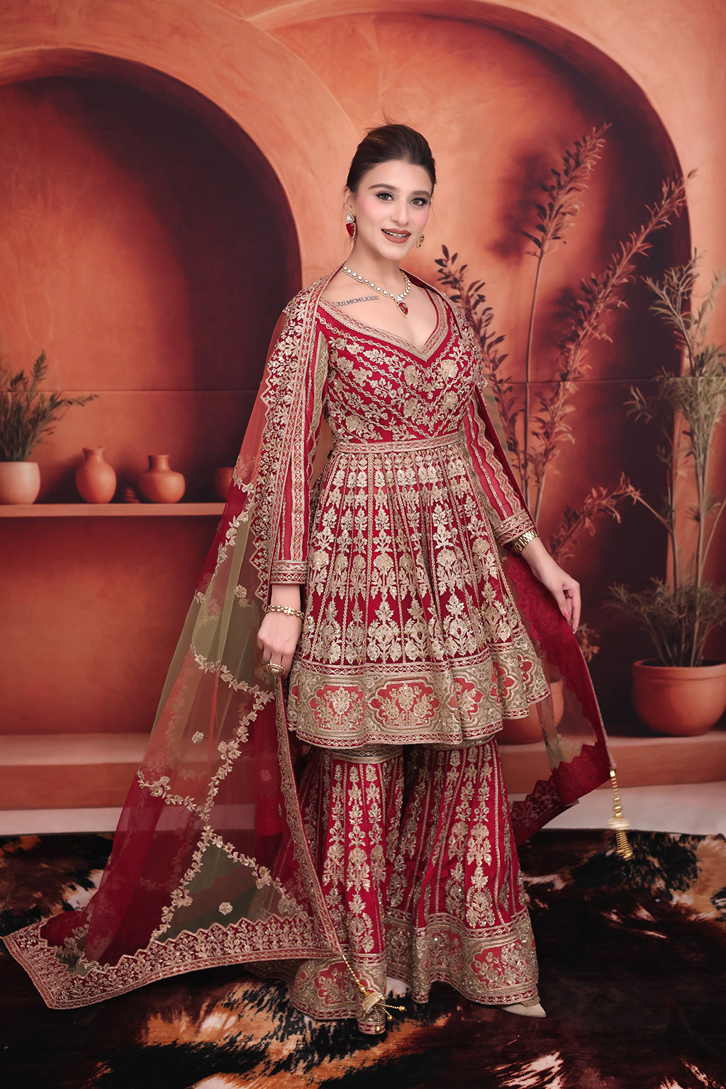 Maroon Bridal Gharara Suit with peplum Top in net