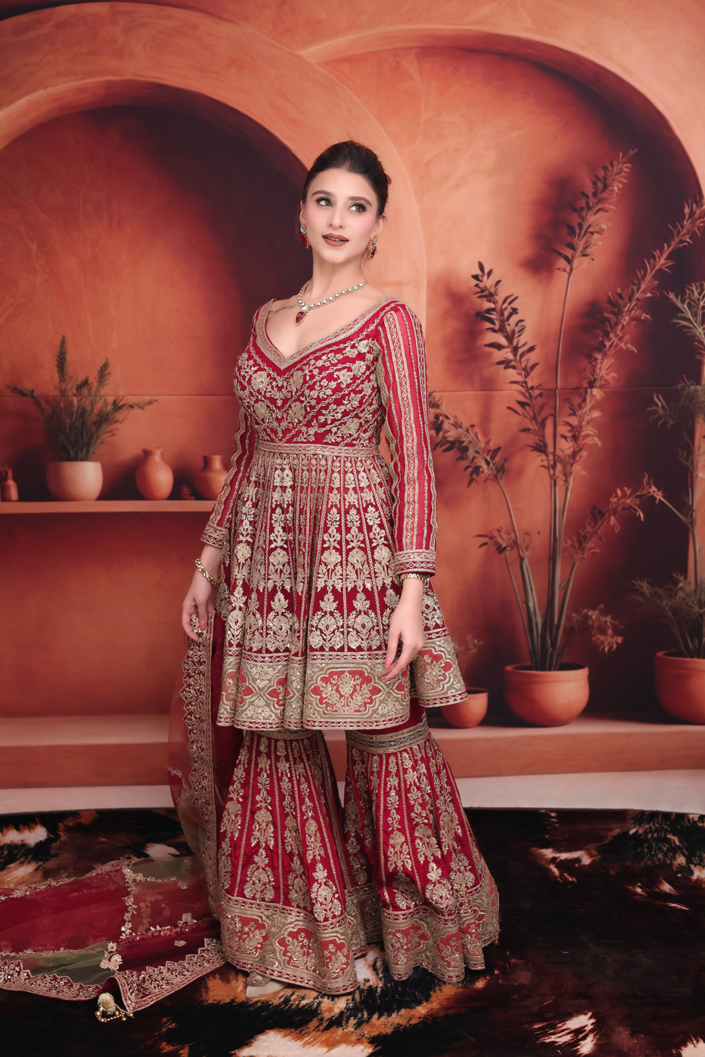 Maroon Bridal Gharara Suit with peplum Top in net