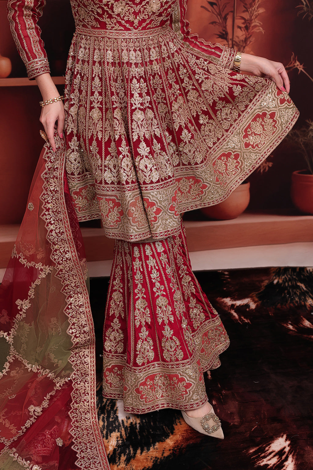 Maroon Bridal Gharara Suit with peplum Top in net