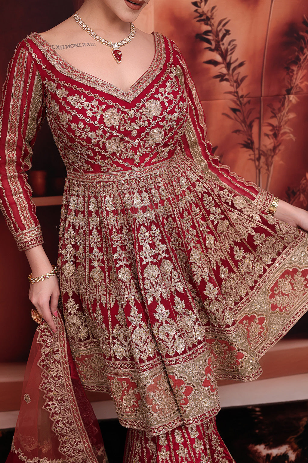 Maroon Bridal Gharara Suit with peplum Top in net