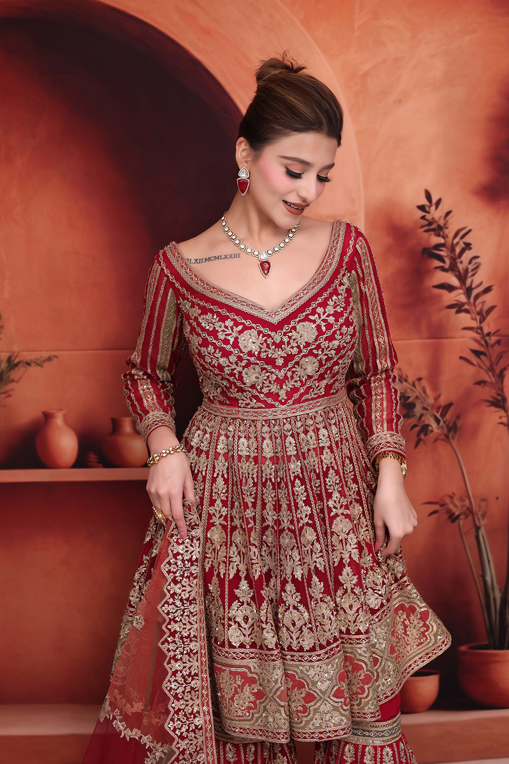 Maroon Bridal Gharara Suit with peplum Top in net