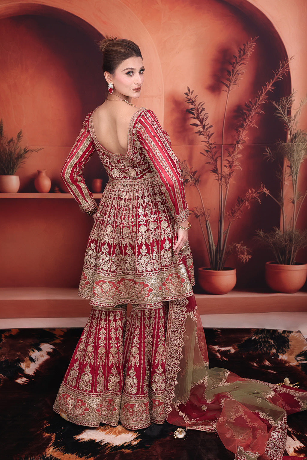 Maroon Bridal Gharara Suit with peplum Top in net