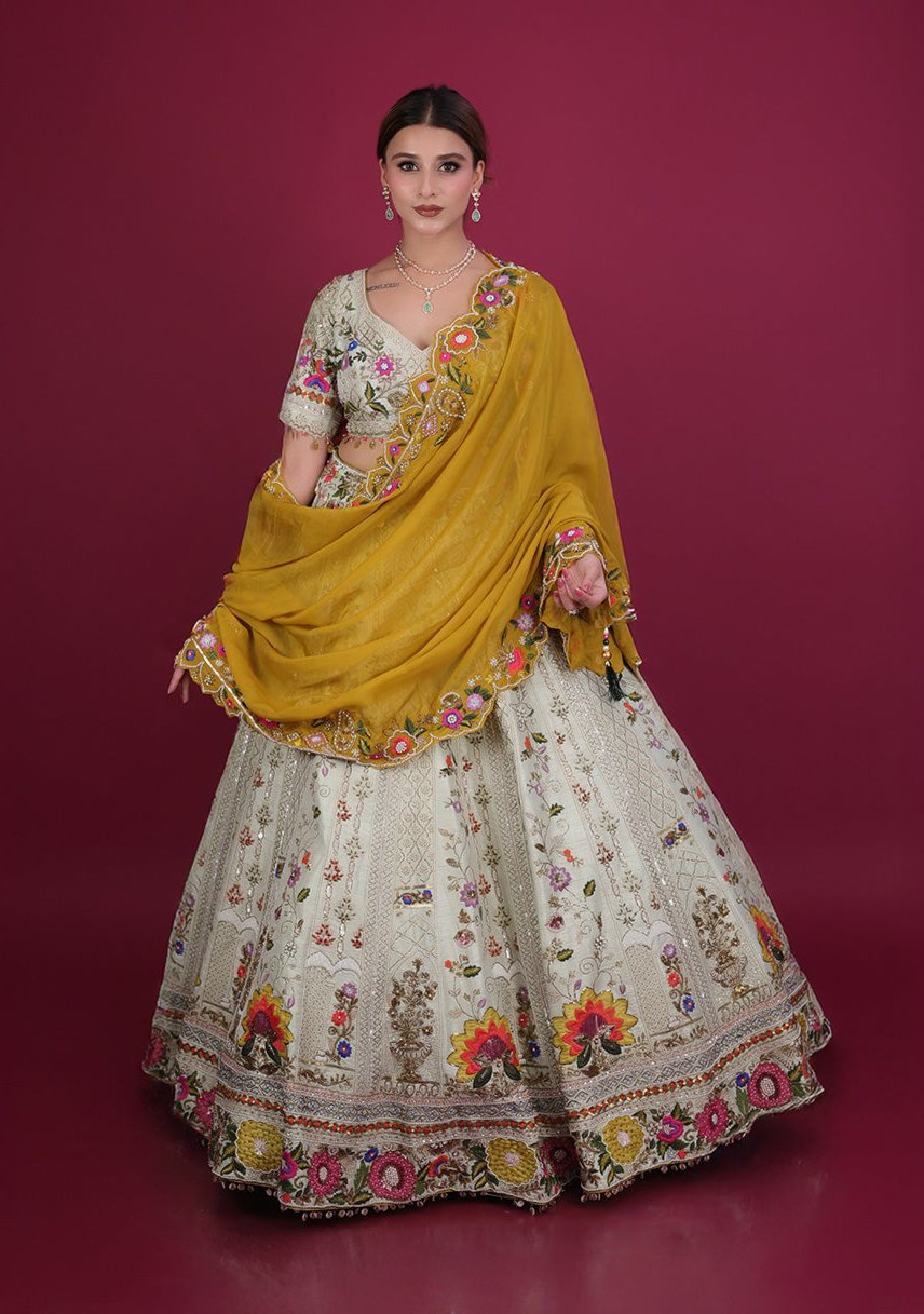 Pista Green lehenga with mustard Dupatta in Silk