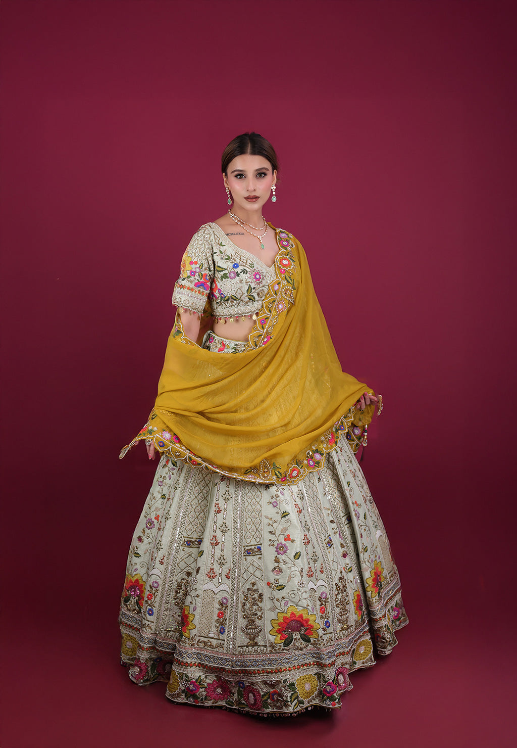 Pista Green lehenga with mustard Dupatta in Silk