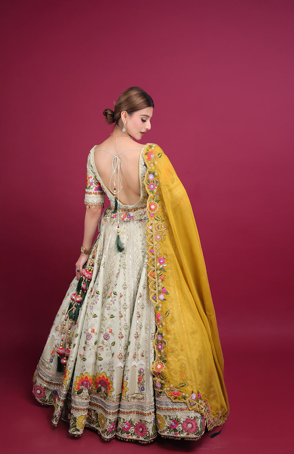 Pista Green lehenga with mustard Dupatta in Silk