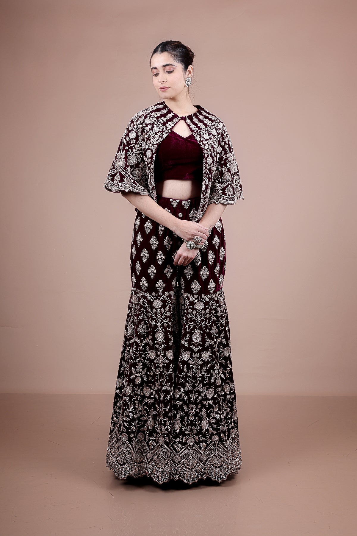 Wine Poncho and Top With Trouser Pants In Velvet With Embroidery