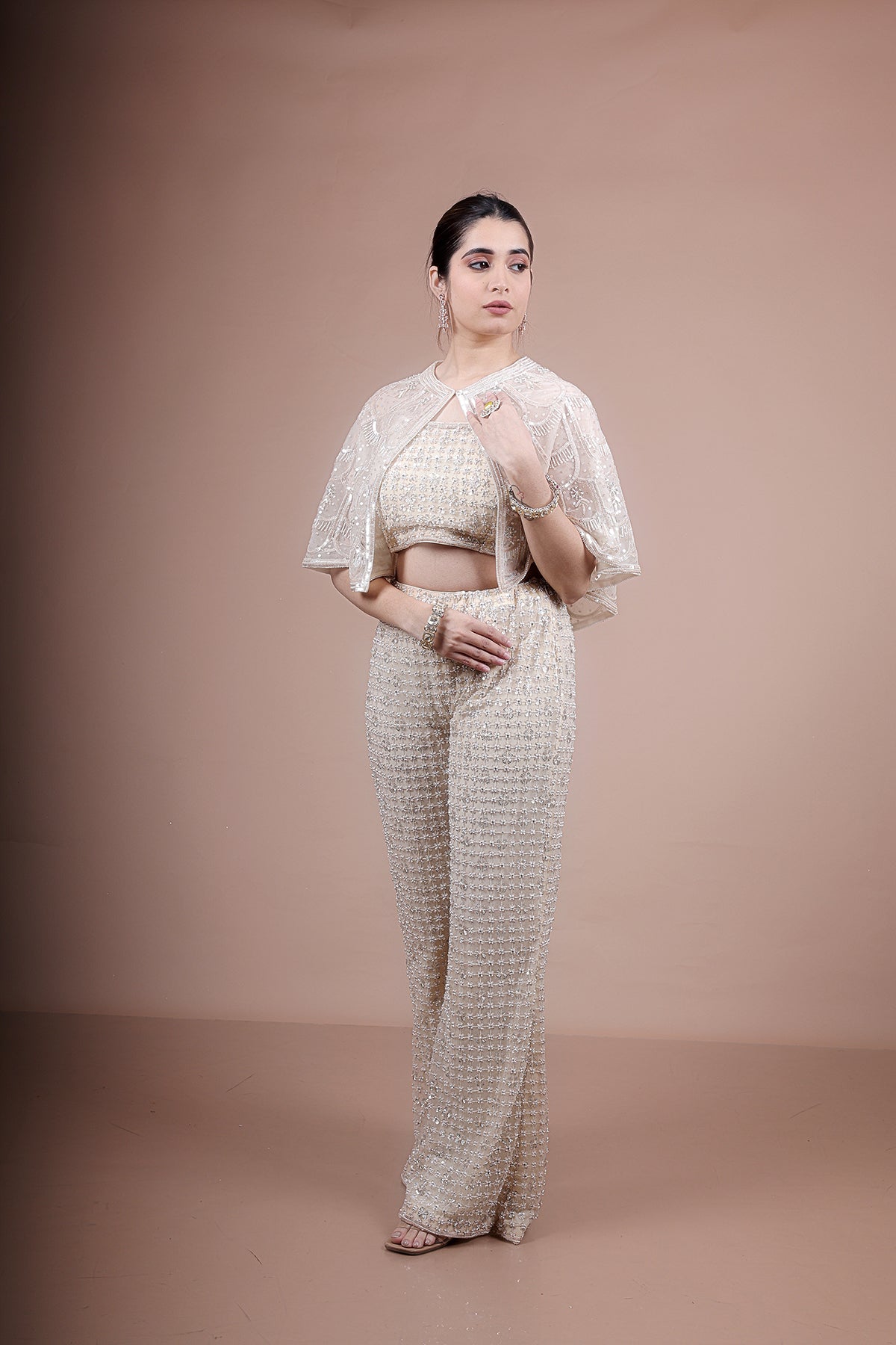 Beige hand embroidered coord set with ponchu