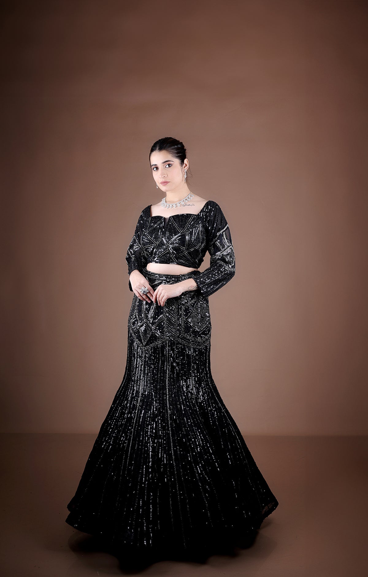 Black Fish-Cut Lehenga And Blouse With heavy hand embroidery