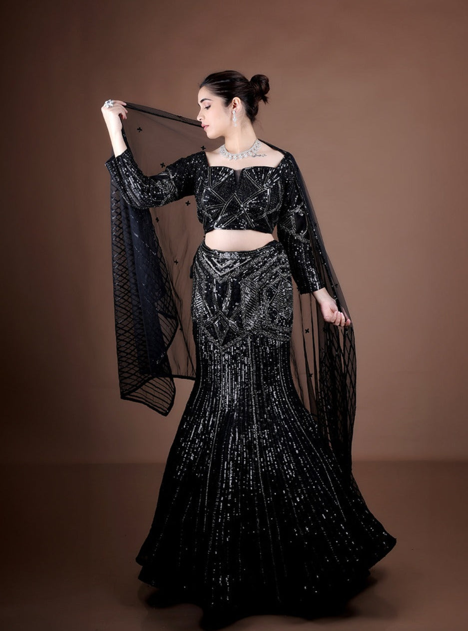 Black Fish-Cut Lehenga And Blouse With heavy hand embroidery