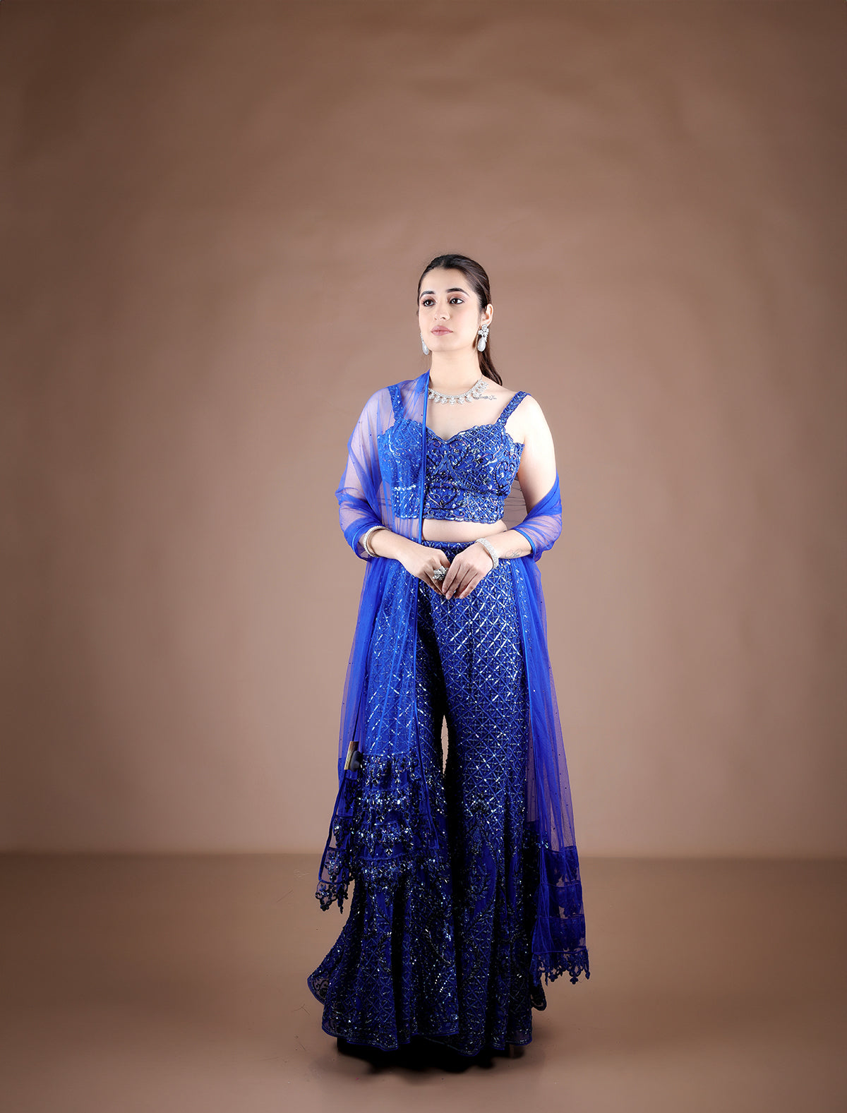 Royal Blue Sharara with Top adorned with hand embroidery