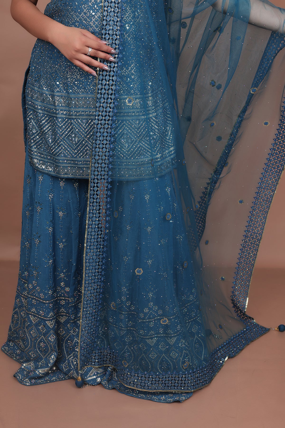 Peacock Readymade Panelled Sharara suit with net Dupatta