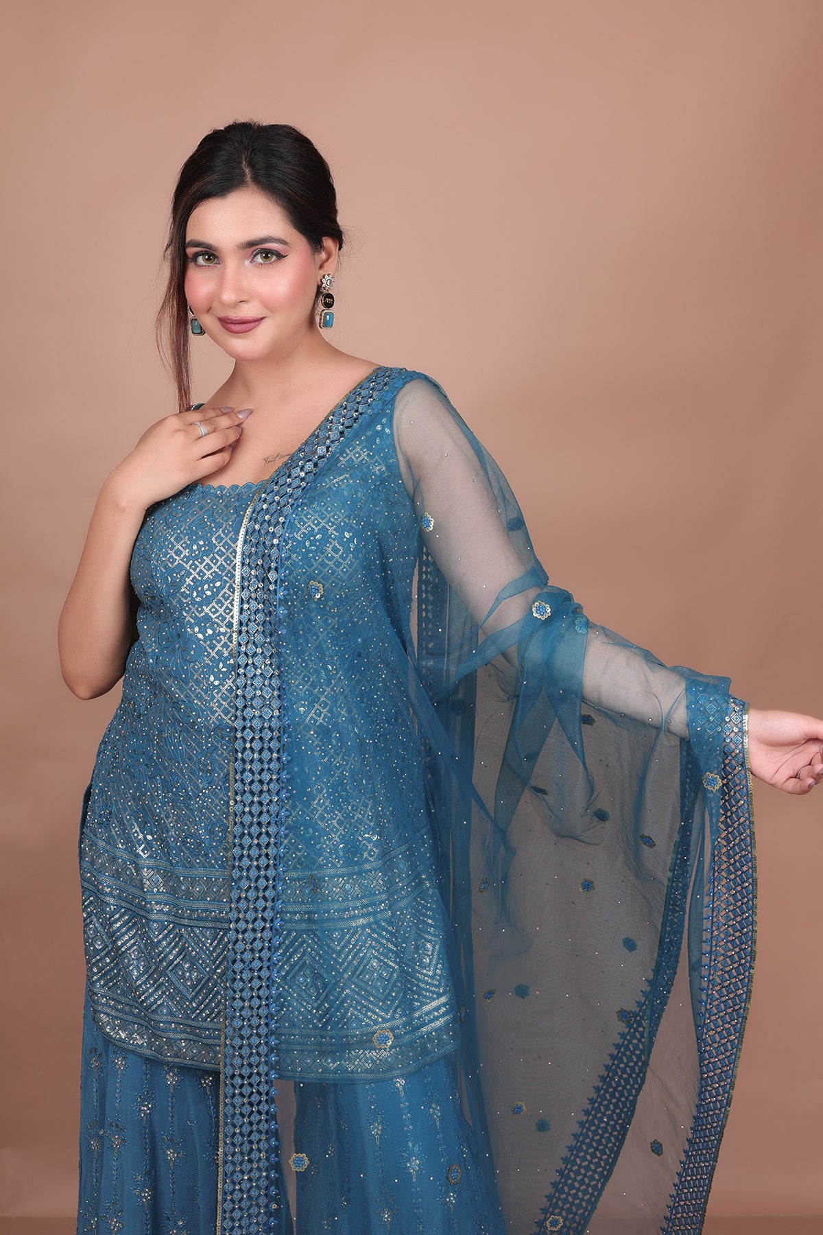 Peacock Readymade Panelled Sharara suit with net Dupatta