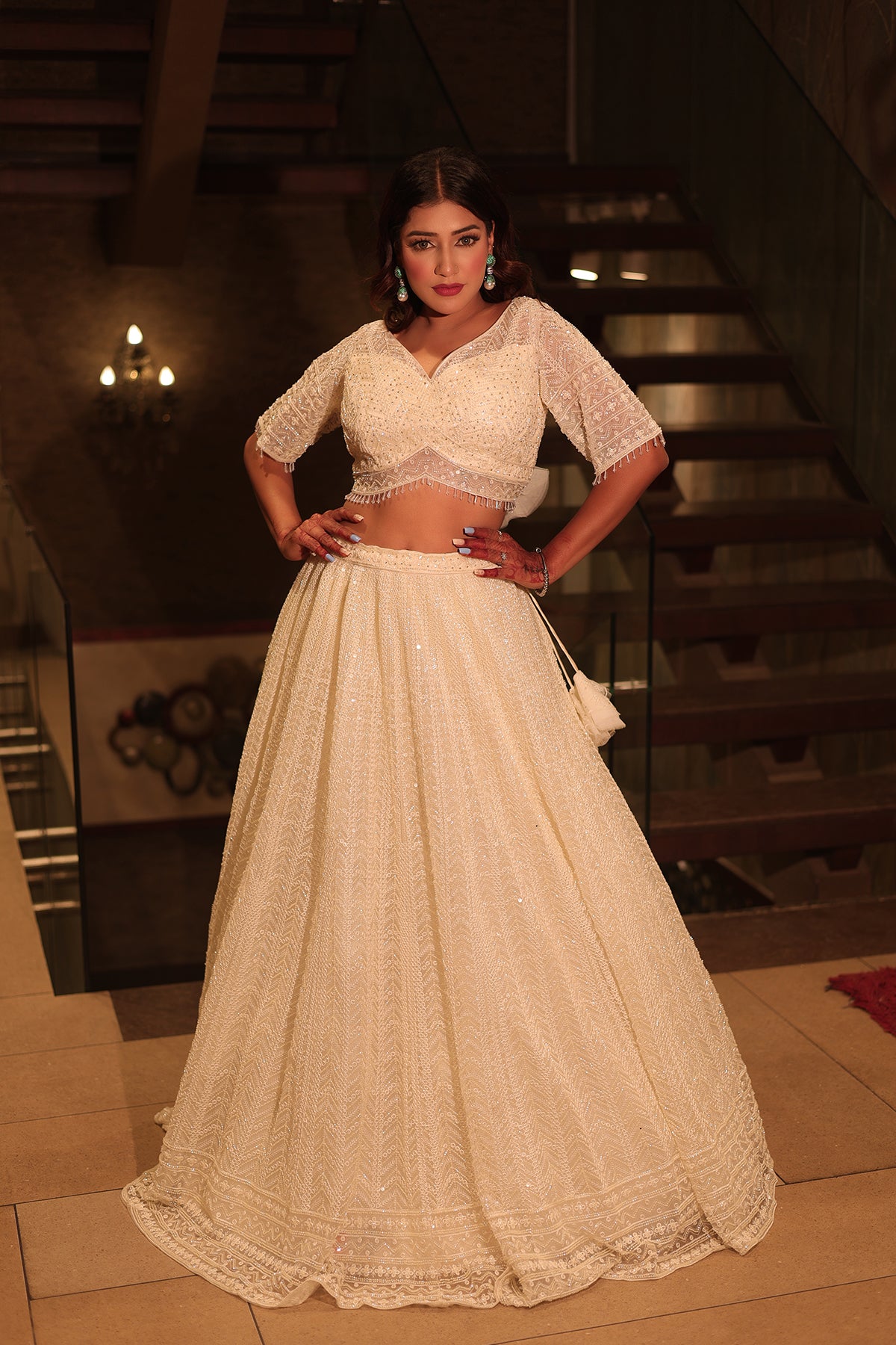 White Lehenga Choli In Net adorned thread Embroidery