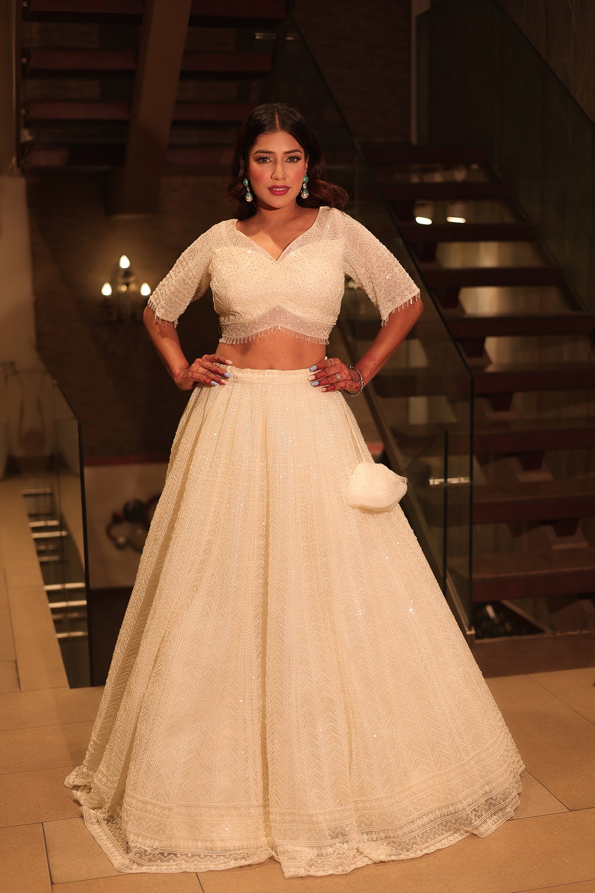 White Lehenga Choli In Net adorned thread Embroidery