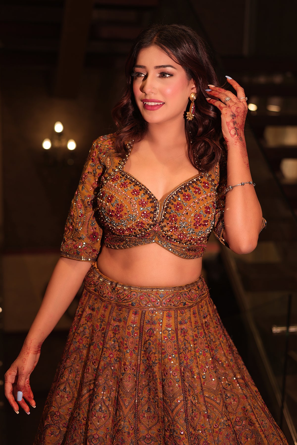 Mustard Lehenga Choli In Net adorned Thread Embridery