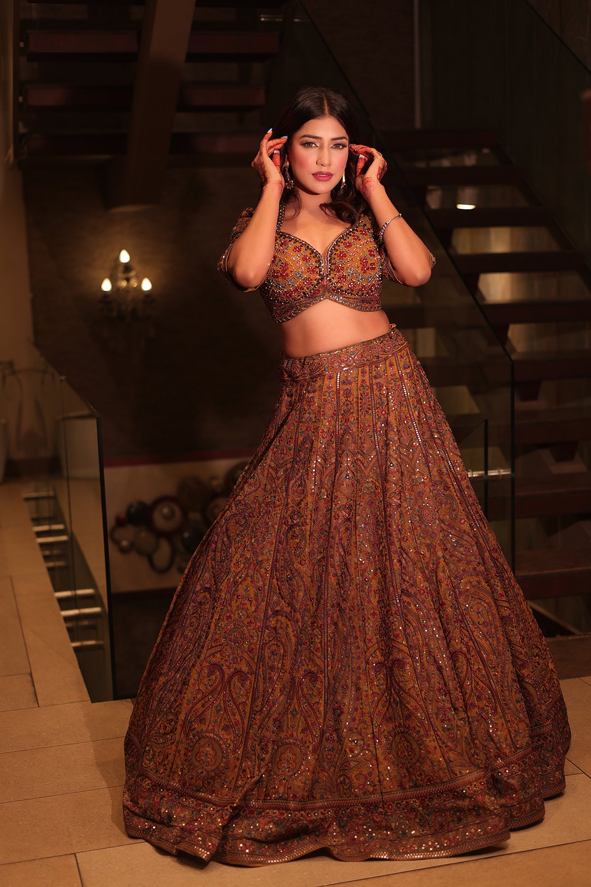 Mustard Lehenga Choli In Net adorned Thread Embridery