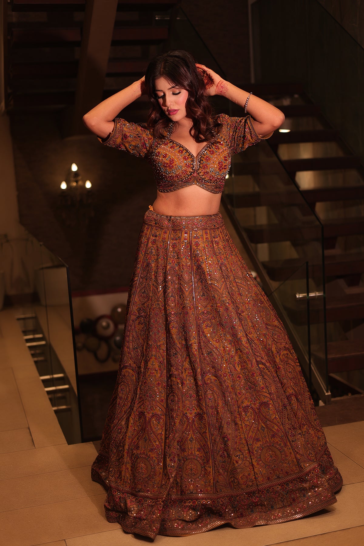 Mustard Lehenga Choli In Net adorned Thread Embridery