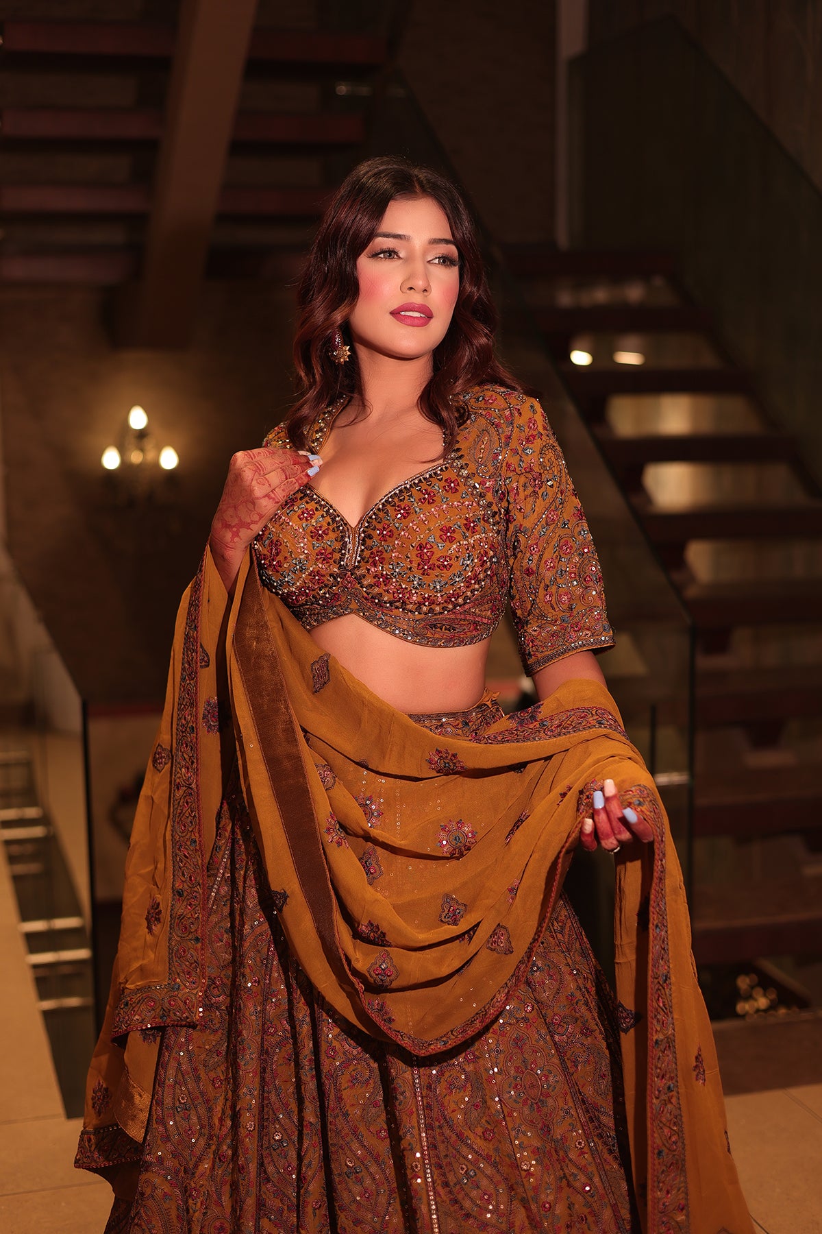 Mustard Lehenga Choli In Net adorned Thread Embridery