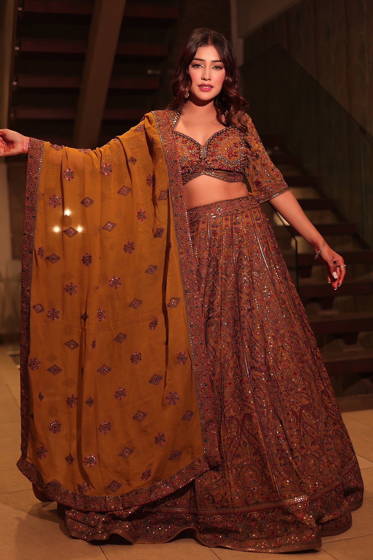 Mustard Lehenga Choli In Net adorned Thread Embridery