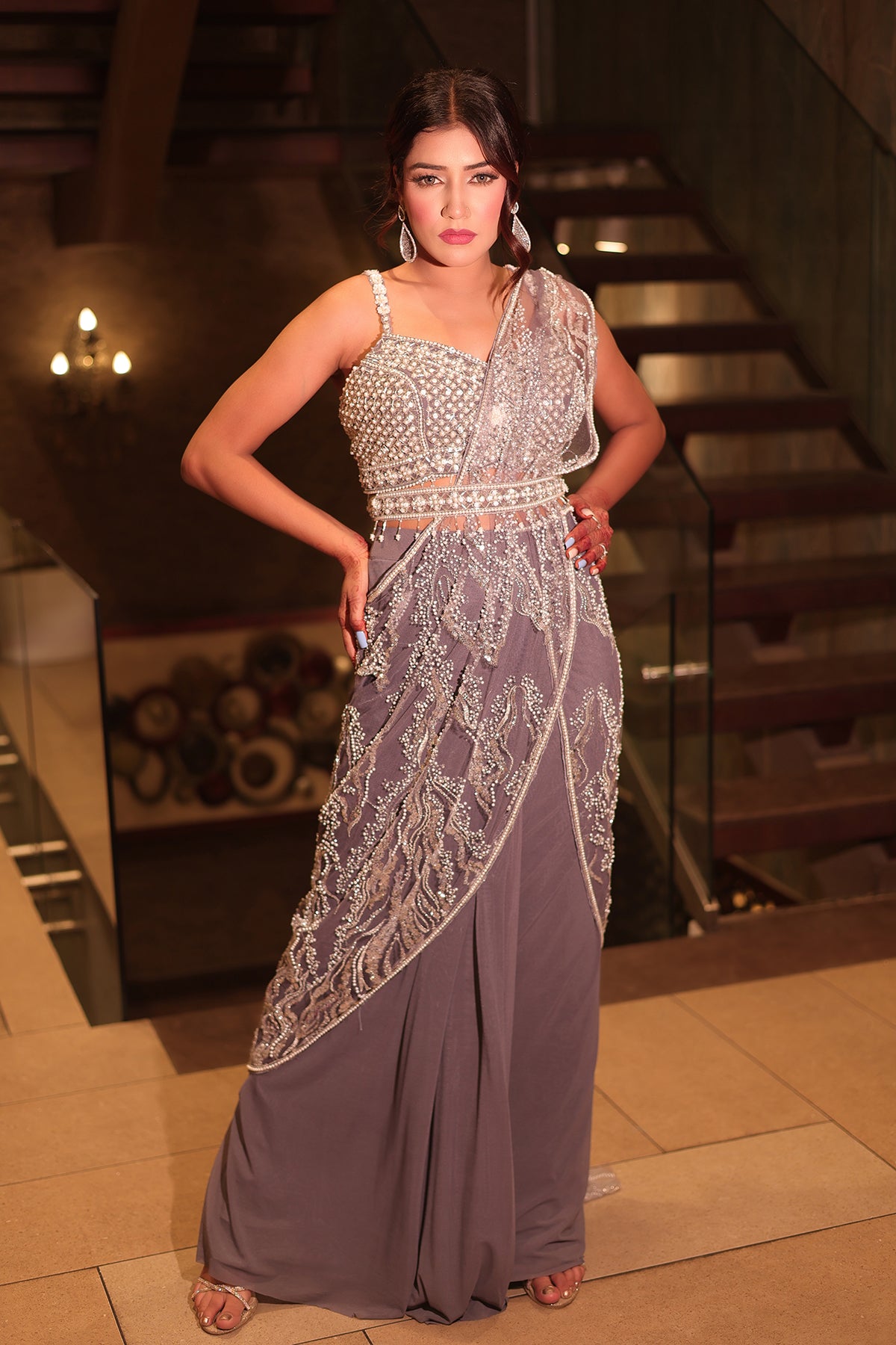 Grey Saree in Net with embroidered Blouse