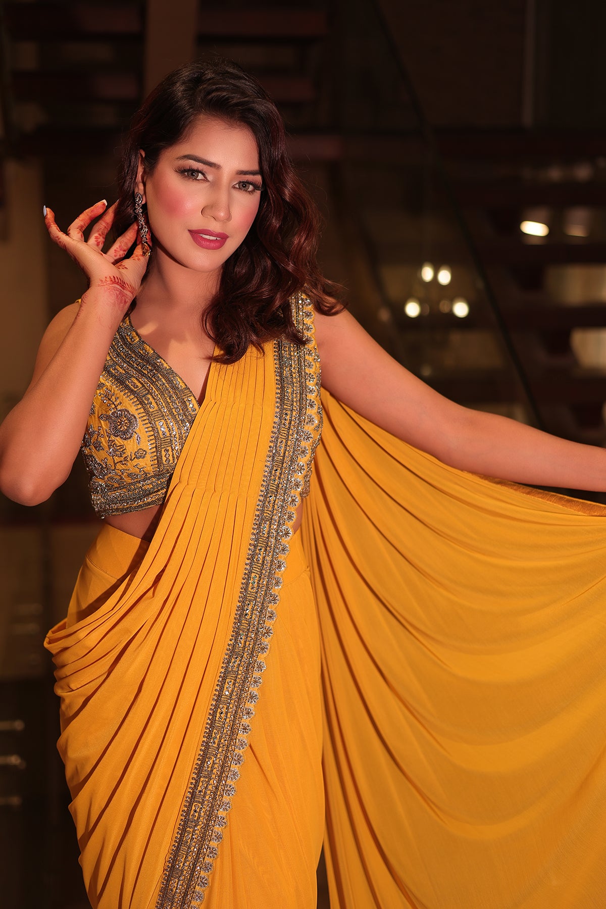 Yellow Saree in Lycra with embroidered Blouse