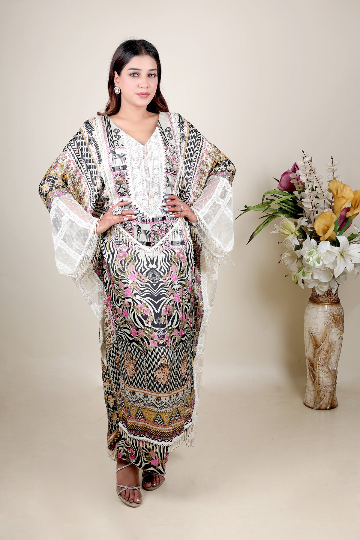 White Printed Kaftan in Crepe