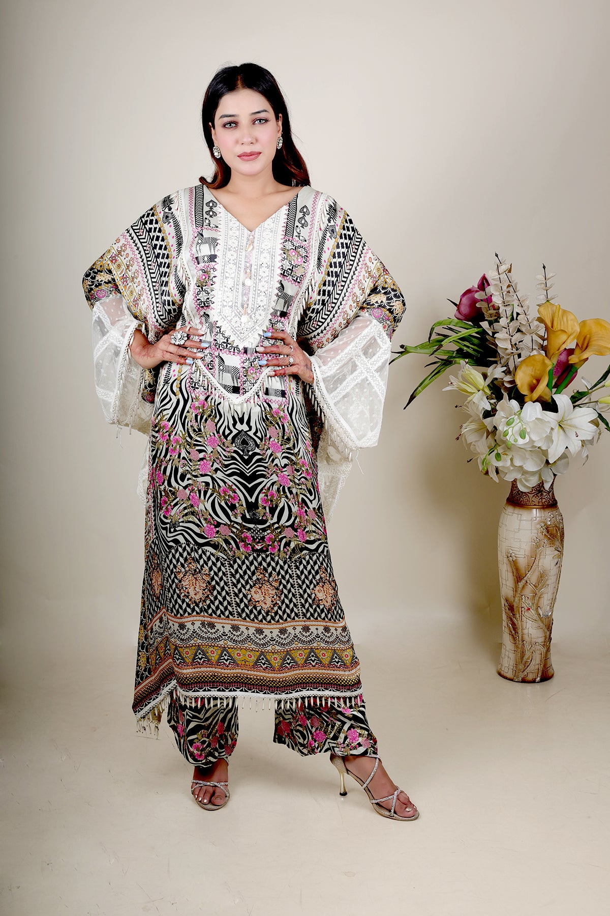 White Printed Kaftan in Crepe